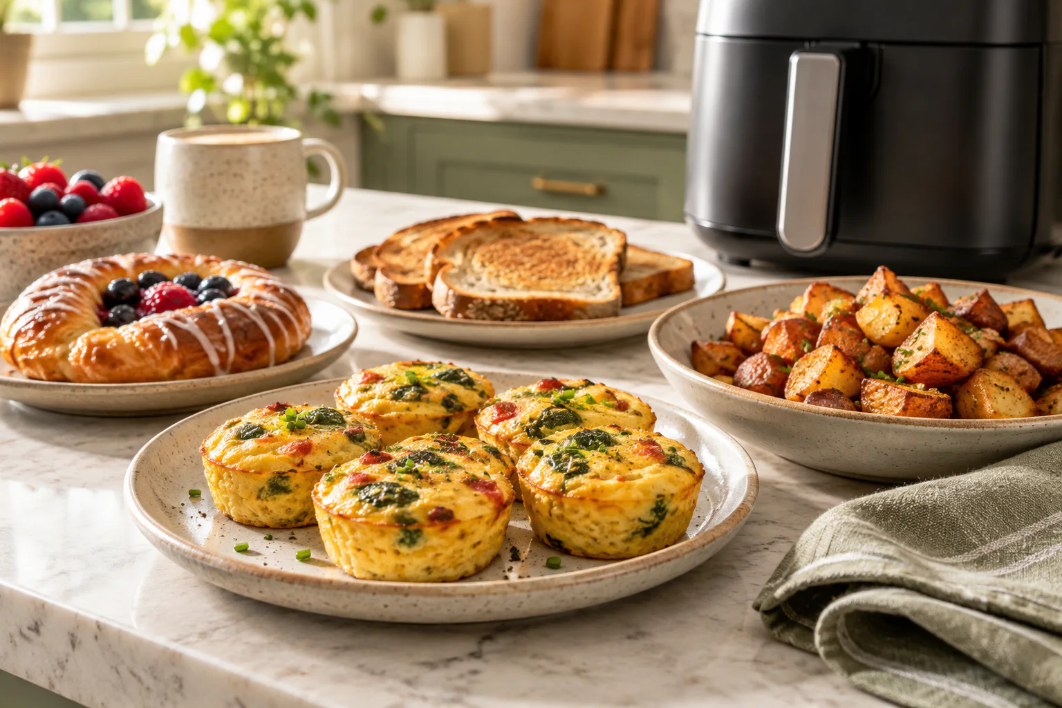 Air fryer breakfast spread with egg bites, potatoes and toast