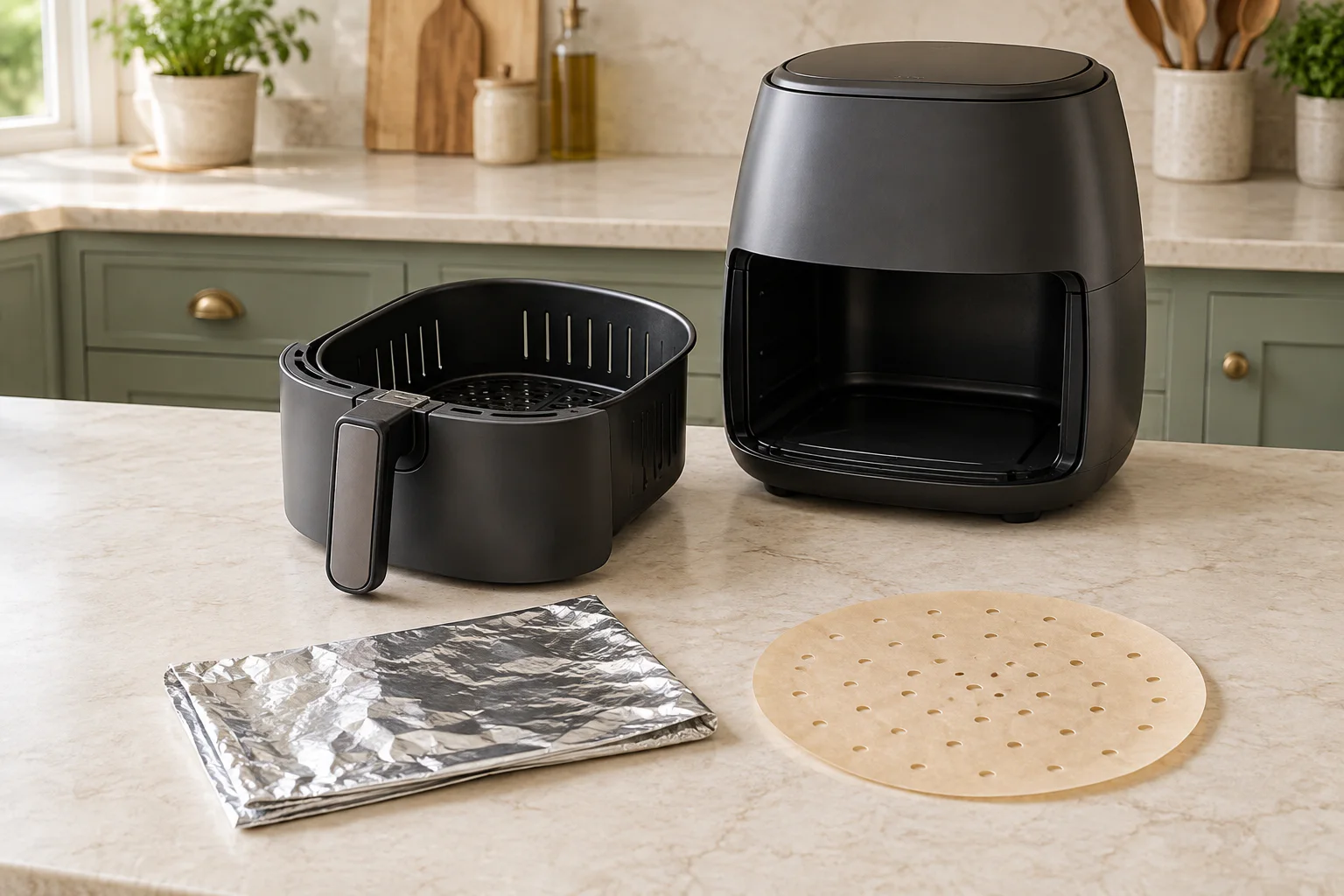 Aluminum foil and perforated parchment beside an empty air fryer