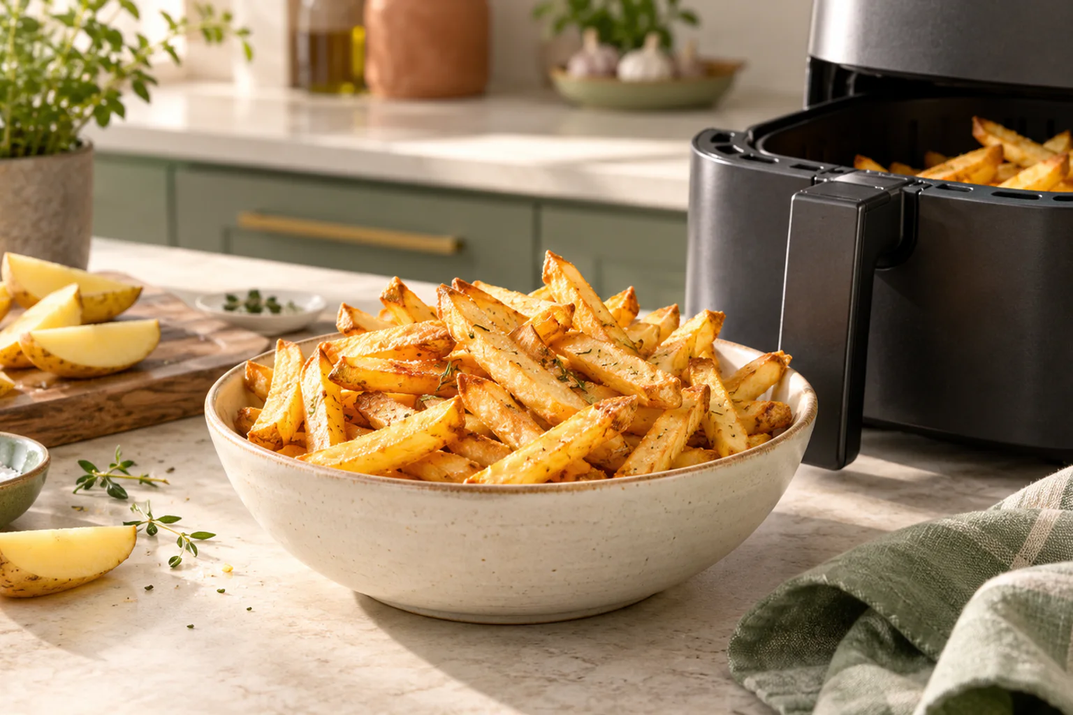 A bowl of golden air fryer French fries in a warm kitchen
