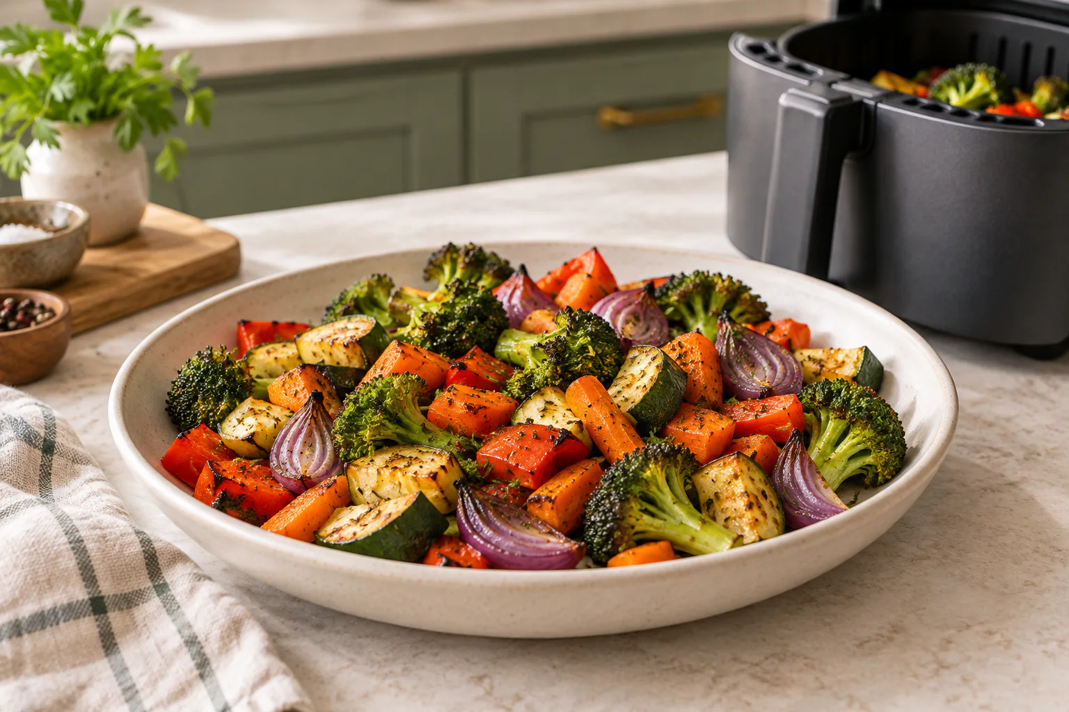 Colourful roasted vegetables beside an air fryer