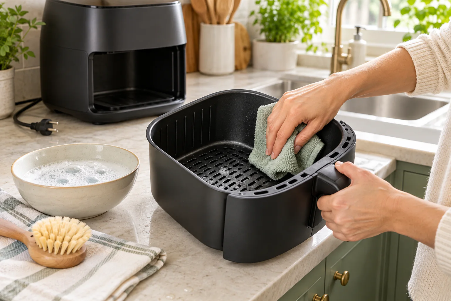 A removable air fryer basket being cleaned with a soft cloth